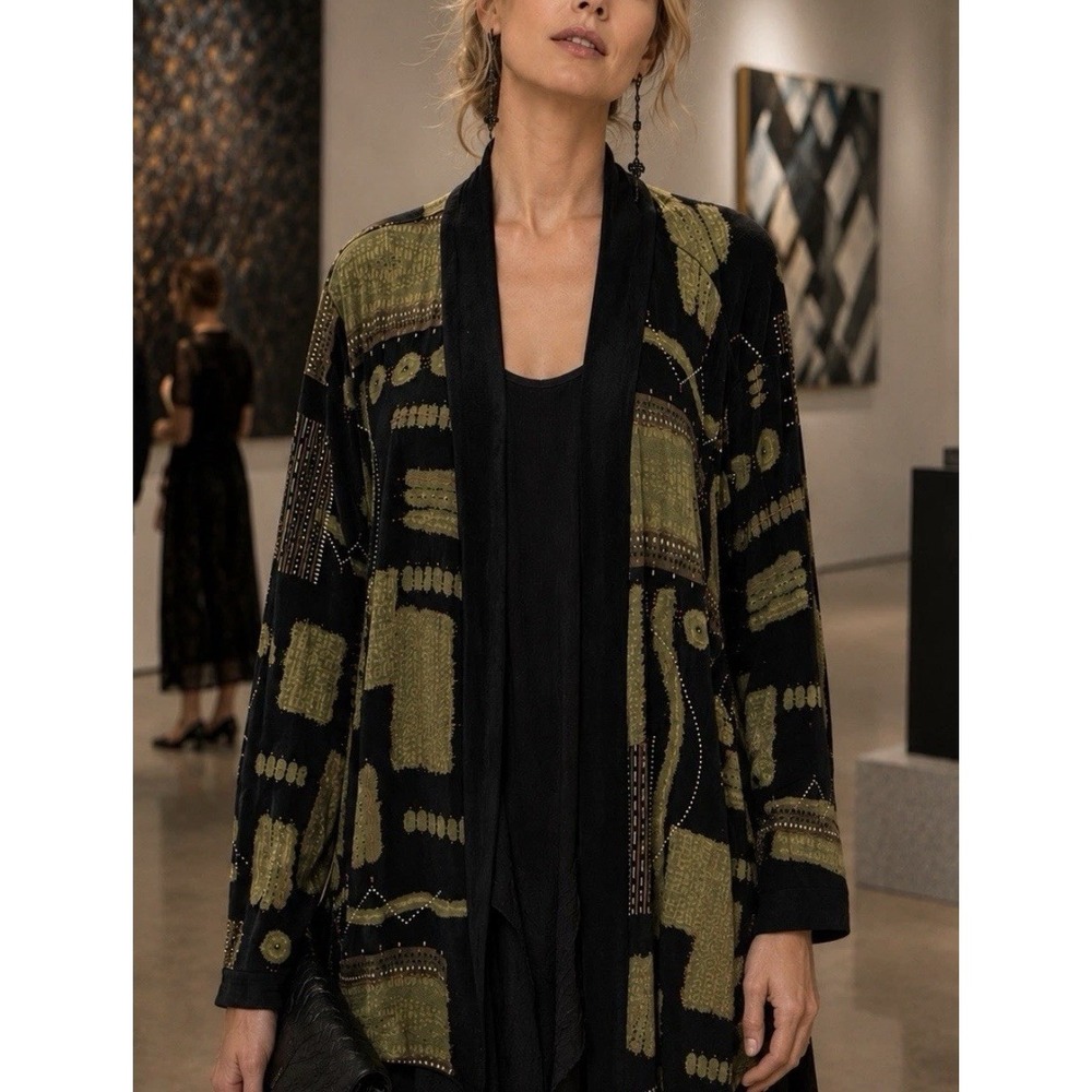 Vtg 90s Open Front Slinky Cardigan Sweater 3X Black Green Artsy Classic USA Made